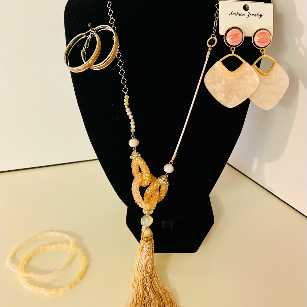 Pink Long Necklace 4-Piece Jewelry Set